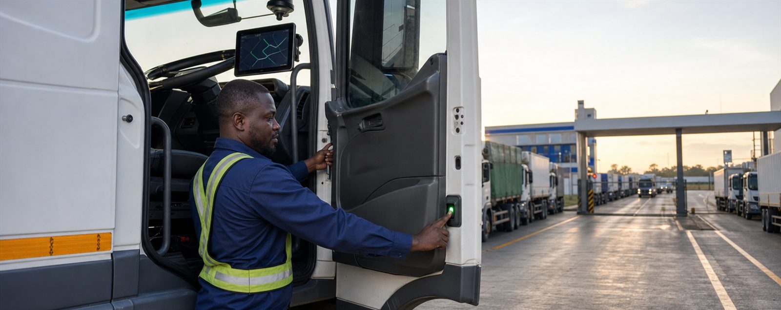 A fleet driver in a hi-vis vest at the cab of a delivery truck fitted with an in-cab screen, with a line of trucks at the depot behind him.