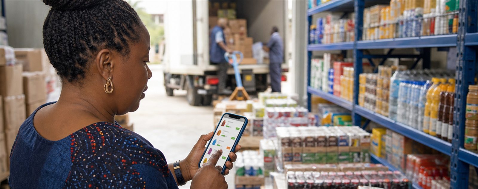 A Nigerian distributor checks live product availability on a mobile ordering channel while goods are loaded behind her.
