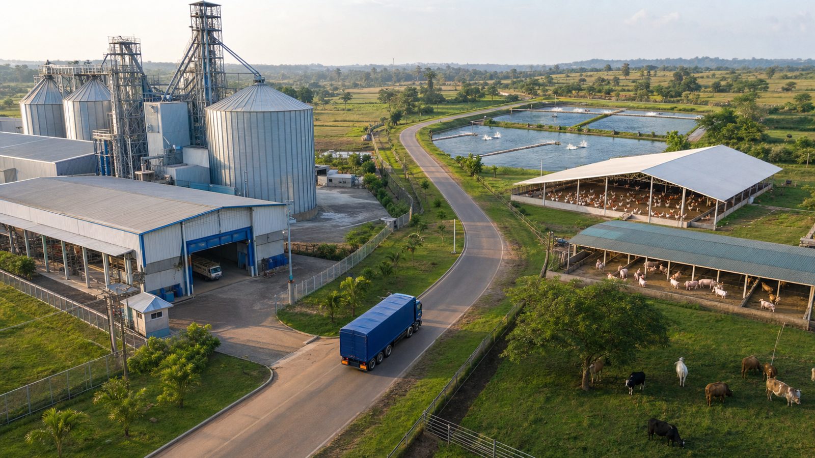Animal feed moving from controlled production to poultry, fish, pig and cattle farms.