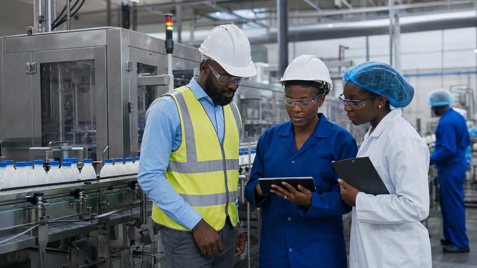 Consumer goods production and packaging in a modern African manufacturing facility.