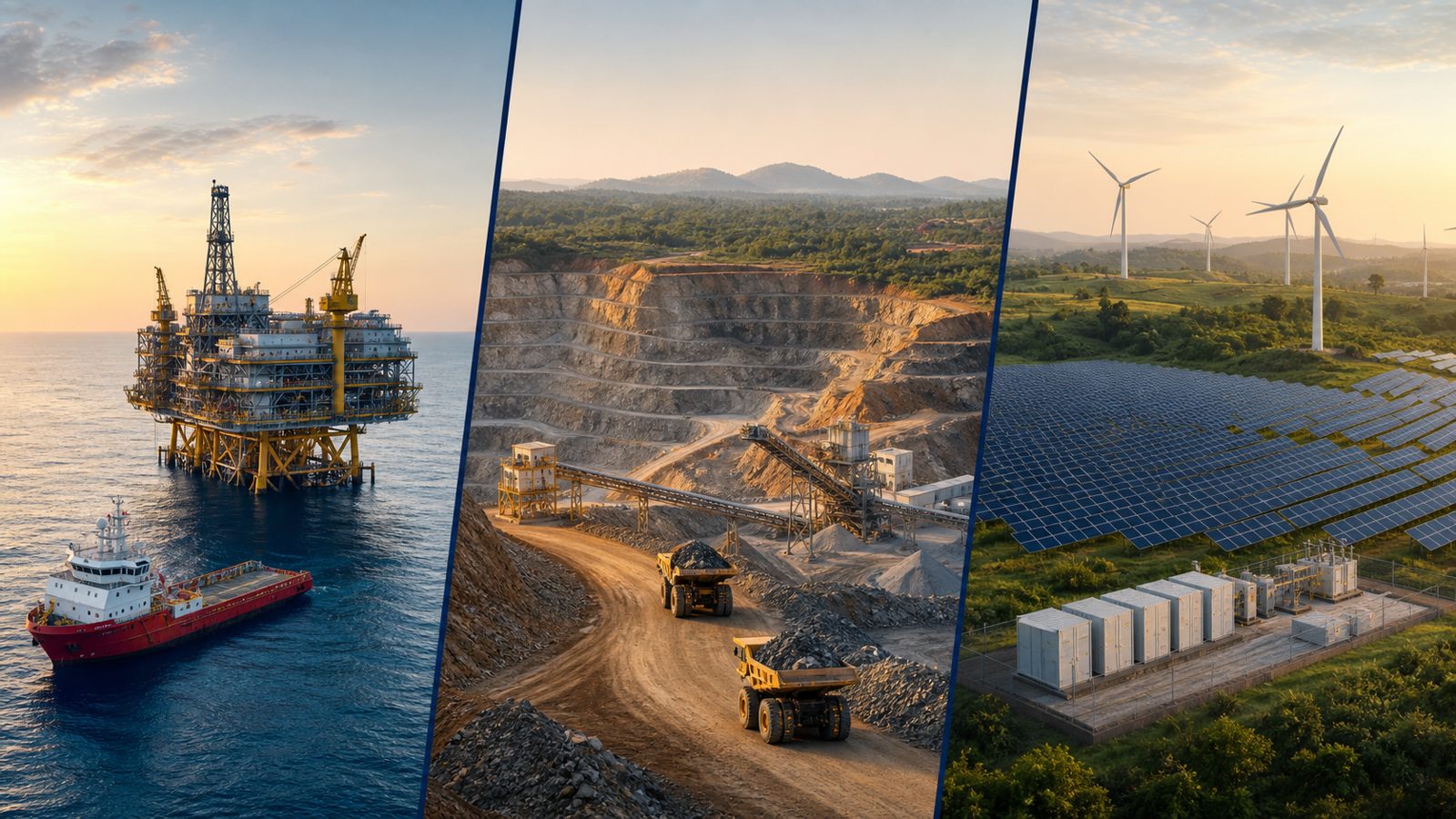 African hydrocarbons, mining and renewable-energy operations represented in one industrial landscape.