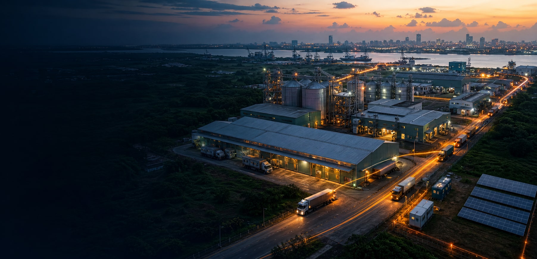 A connected Nigerian enterprise ecosystem at dawn, spanning manufacturing, warehousing, logistics, energy and a coastal city.