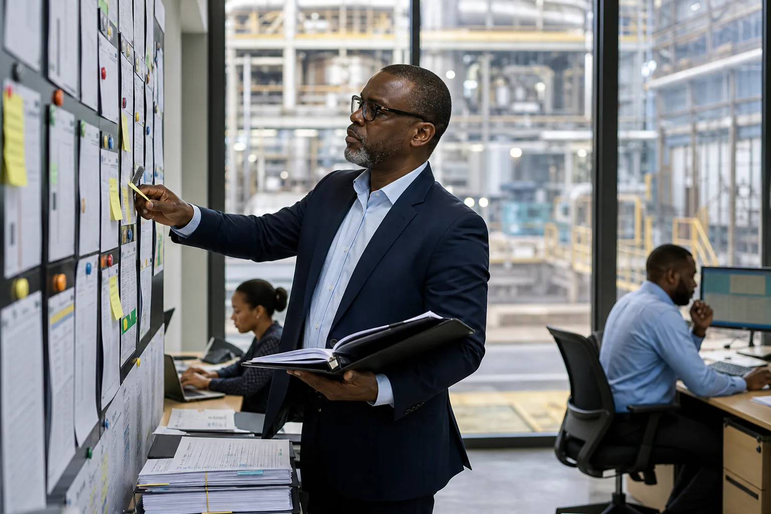 An independent Nigerian assurance lead reviews cutover evidence and programme risks beside a live industrial operation.