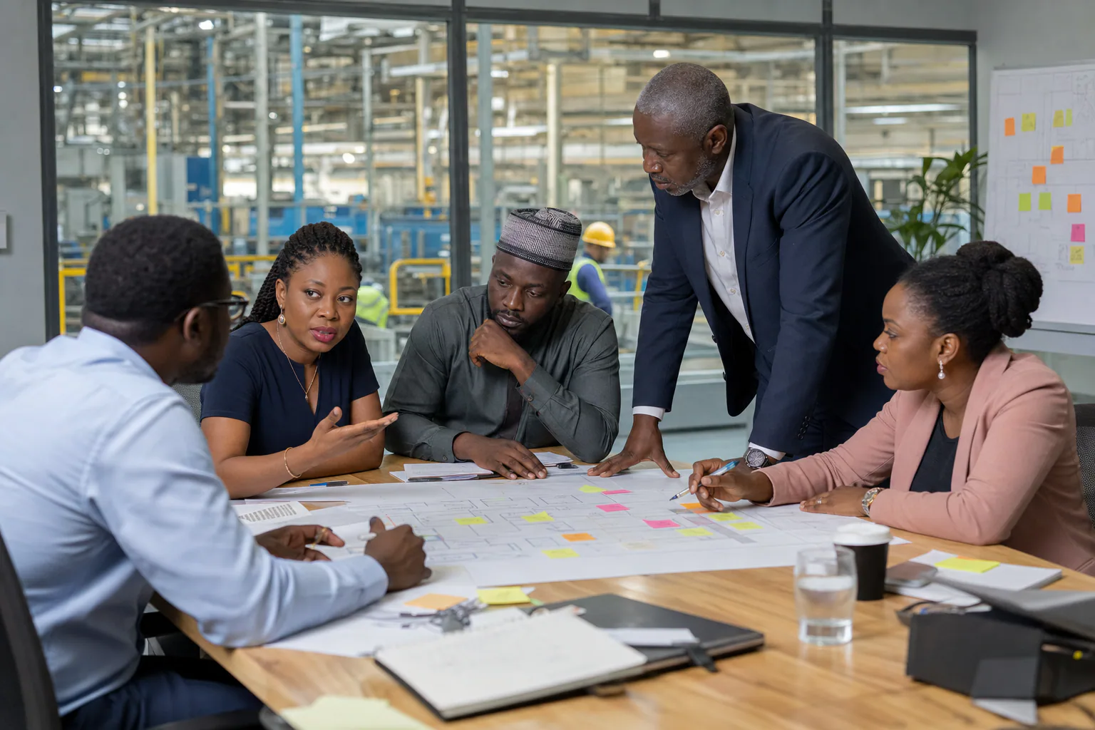 A cross-functional Nigerian leadership team defines an SAP-enabled operating model beside an active manufacturing facility.