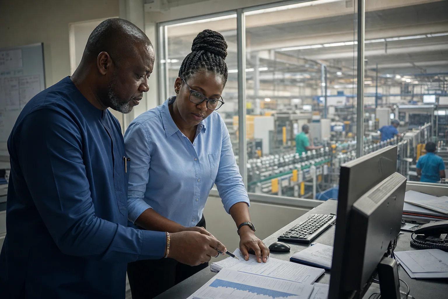Two Nigerian specialists trace a resolved SAP process issue while a manufacturing line operates reliably behind them.